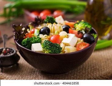 Pasta Salad With Tomato, Broccoli, Black Olives,  And Cheese Feta