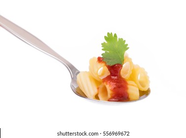 Pasta In Sauce On Spoon Isolated On White Background