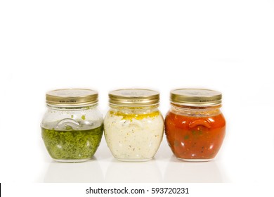 Pasta Sauce : Pesto, Alfredo, And Marinara On Transparent Glass Jar