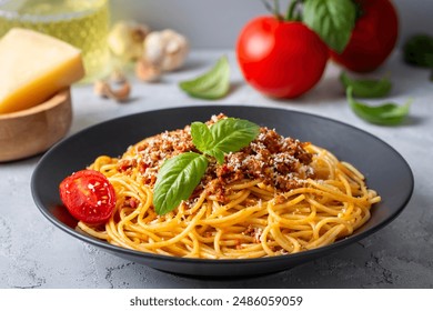 Pasta spaghetti bolognese with minced beef sauce, tomatoes, parmesan cheese and fresh basil in a plate