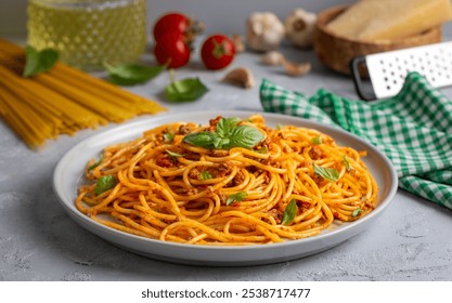 Pasta spaghetti bolognese with minced beef sauce, tomatoes, parmesan cheese and fresh basil in a plate