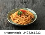 Pasta Spaghetti Bolognese with Tomato Sauce on Black Wooden Table 