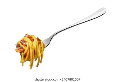 Pasta spaghetti carbonara sauce typical roman recipe with egg bacon and cheese on fork isolated on white background - Powered by Shutterstock