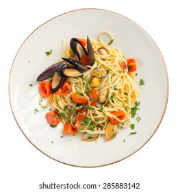 Pasta Spaghetti With Mussel And Tomatoes Isolated On White Background