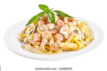 Pasta Tagliatelle With Seafood Isolated On White Background