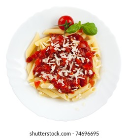 Pasta With Tomato Sauce And Grated Cheese On Plate Isolated