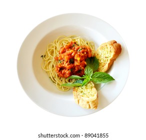 Pasta With Tomato Sauce And Meat And Garlic Bread