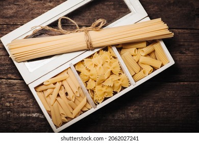 Pasta Variety In Wooden Box Close Up