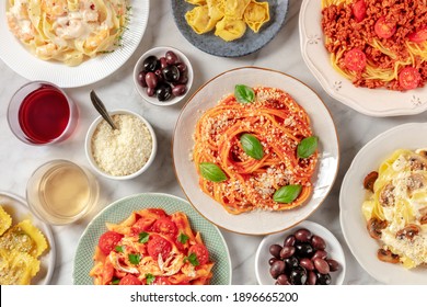 Pasta, Various Dishes, Overhead Flat Lay Shot, Italian Food And Wine