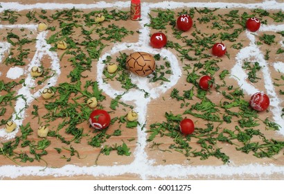 Pasta Vs Tomatoes, A Soccer Field Made With Italian Food Ingredients