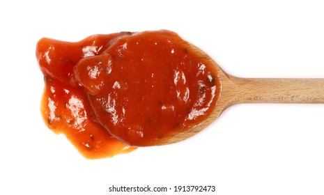 Pastasauce Napoli, Pasta Sauce With Wooden Spoon Isolated On White Background, Top View