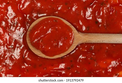 Pastasauce Napoli, Pasta Sauce With Wooden Spoon Background And Texture, Top View