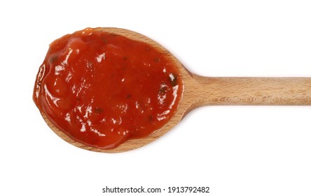 Pastasauce Napoli, Pasta Sauce With Wooden Spoon Isolated On White Background, Top View