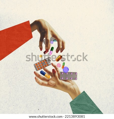 Pastel background. The abstract hand, falling tablets, pills. Artwork or creative collage with art design. Concept of healthcare, covid-19, surrealism, support, medical help, bad habits, drug