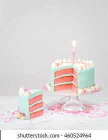 Pastel Blue Birthday Cake With Pink Layers