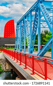 A Pastel Blue Colored Bridge Crosses The Swan Creek In Downtown Toledo, Ohio. This Is The Washington Street Bridge.