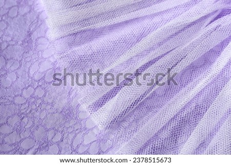 Pastel chiffon texture tissue: lavender fabric, purple wedding dress textile with flowers. Transparent folded lace cloth, aesthetic background: white mesh tulle