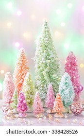 Pastel Colored Christmas Trees And Decoration