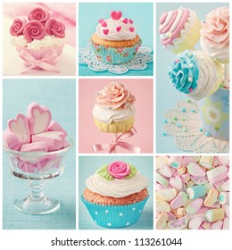 Pastel Colored  Cupcakes And Marshmallow Collage