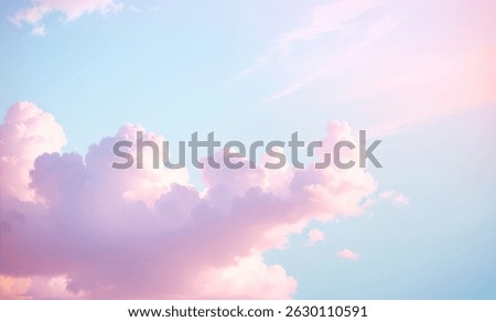 Pastel colored fluffy clouds float in a light blue sky creating soft aesthetic.
