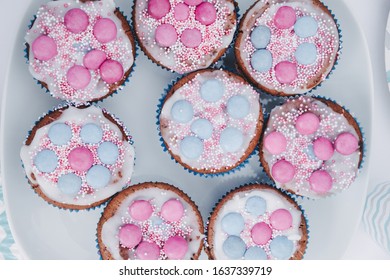 Pastel Colored Muffins With Smarties On A White Plate. Delicate, Pink And Blue Smarties With Colorful Sprinkles For A Wonderful Birthday.