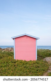 Pastel Coloured Beach Hut At Skanör Beach, South Of Sweden.