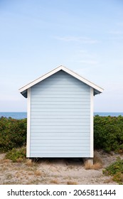 Pastel Coloured Beach Hut At Skanör Beach, South Of Sweden. 