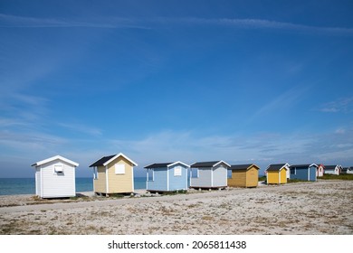 Pastel Coloured Beach Huts At Skanör Beach, South Of Sweden.  