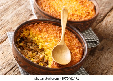 Pastel De Choclo Corn Pie Is A Chilean Dish Based On Sweetcorn And Beef Closeup In The Pots On The Table. Horizontal
