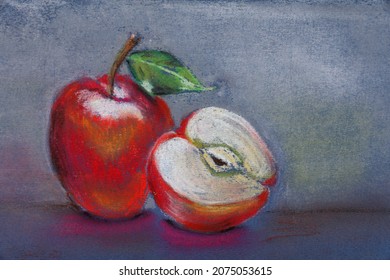 Pastel Drawing Of Whole And Cut Red Apples On Color Background
