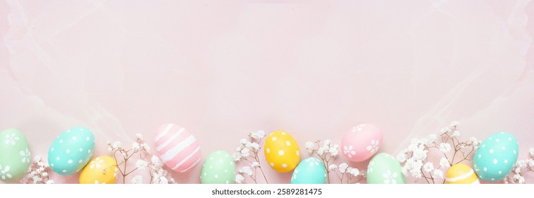 Pastel Easter eggs and white spring flowers. Top view bottom border against a soft pink stone banner background. Copy space. - Powered by Shutterstock - Get 15% off with code: PIKWIZARD15