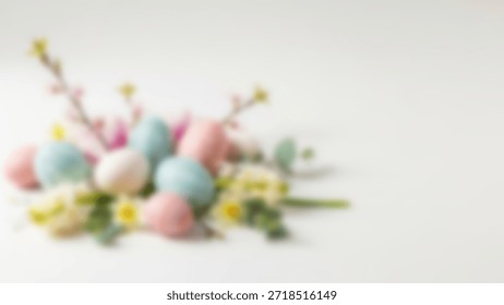 Pastel Easter Soft focus eggs with spring flowers, and dreamy holiday backdrop.