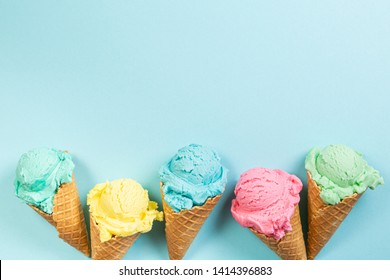 Pastel Ice Cream In Waffle Cones, Bright Background, Copy Space