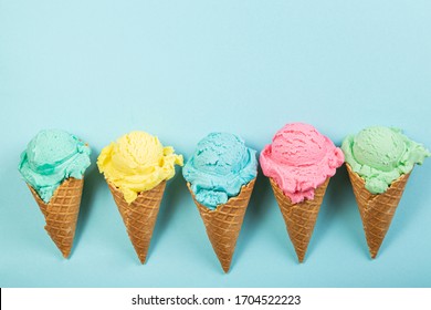 Pastel Ice Cream In Waffle Cones, Bright Background, Copy Space