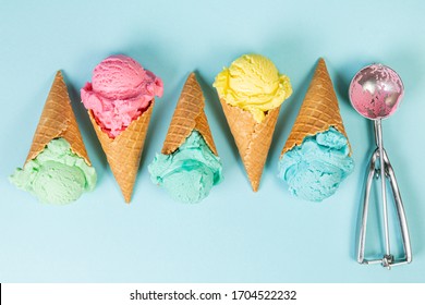 Pastel Ice Cream In Waffle Cones, Bright Background, Copy Space