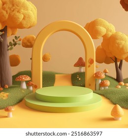 Pastel Paradise: A whimsical 3D rendering of a serene park scene, featuring a soft pastel pink podium and yellow balloons. The perfect backdrop for showcasing products or creating a dreamy and invitin - Powered by Shutterstock