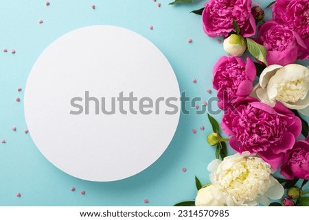 Pastel peonies concept. Top view photo of empty circle surrounded by magenta and white peony flowers, buds and petals with confetti hearts on isolated light blue background with copy-space