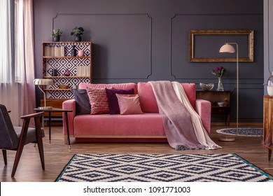 Pastel Pink Blanket On A Matching Sofa In Living Room Interior With Elegant, Golden Frame On A Dark Grey Wall