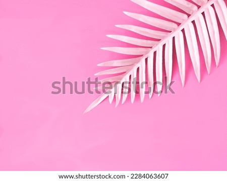 A pastel pink exotic palm leaf on pink background. Minimal surreal concept with copy space for exotic destination hotel resort. Flat lay.