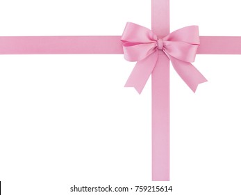 pastel pink ribbon with bow isolated on white background, simplicity decoration for add beauty to gift box and greeting card, flat lay close up top view with copy space