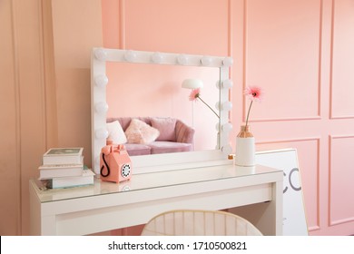 Pastel Sweet Corner For Feminine Vanity, Makeup Table And Light Bulb Decorating On Square Mirror .