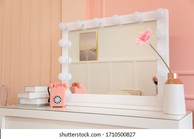 Pastel Sweet Corner For Feminine Vanity, Makeup Table And Light Bulb Decorating On Square Mirror .