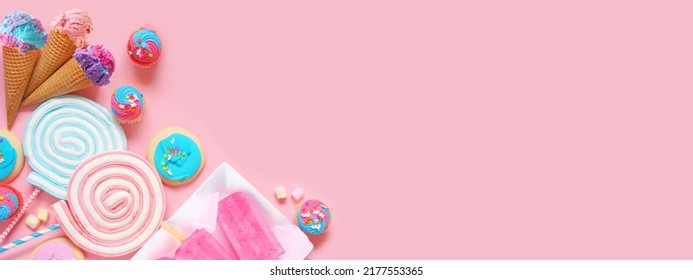 Pastel Sweets Corner Border. Ice Cream, Cookies, Cupcakes And A Collection Of Treats. Overhead View Over A Pink Banner Background. Copy Space.