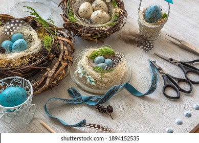 Pastel Tricolor Easter Eggs In A Nest For Home Decoration, Easter Decor Ideas.