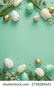 Pastel vertical Easter eggs and white tulips create a festive spring border with a small bunny figurine. Gold confetti adds sparkle, delivering a cheerful Easter mood for greeting and decor