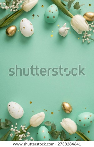 Pastel vertical Easter eggs and white tulips create a festive spring border with a small bunny figurine. Gold confetti adds sparkle, delivering a cheerful Easter mood for greeting and decor