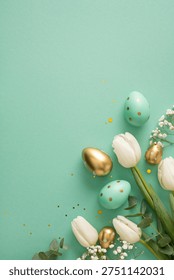 Pastel vertical Easter scene featuring teal and gold eggs, white tulips, and delicate baby's breath set against a mint green backdrop. Ideal for greeting cards, spring promotions