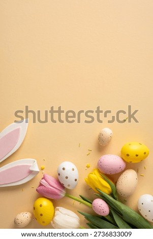 Pastel vertical Easter scene with speckled egg and tulip arrangement on a soft backdrop, capturing festive warmth and springtime charm. Ideal for greeting cards, seasonal promotions