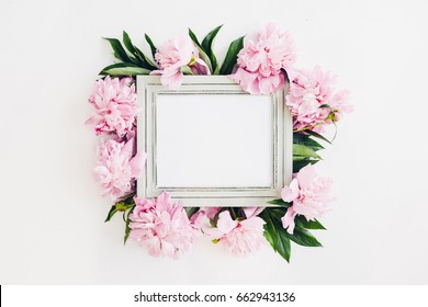 Pastel Wooden Frame Decorated With Peonies Flowers, Empty Space For Text