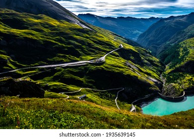 Pasterze glacier lake with hydropower dam in national park Hohe Tauern with Großglockner high alpine road in Austria